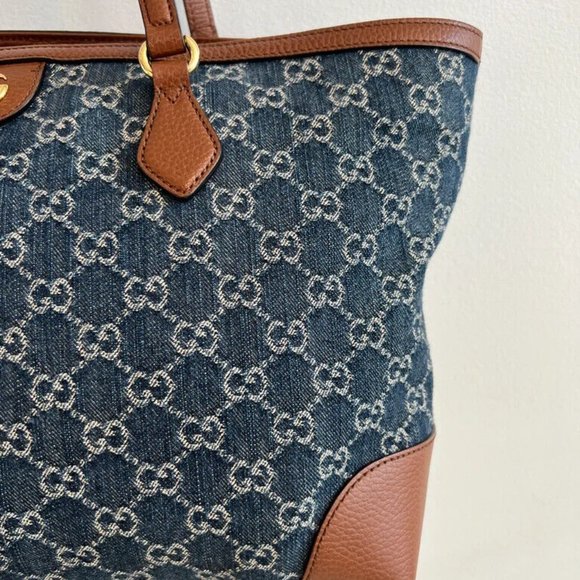Gucci Ophidia GG Jacquard Denim Blue Brown Tote Bag Italy Leather Handbag New - Picture 7 of 15